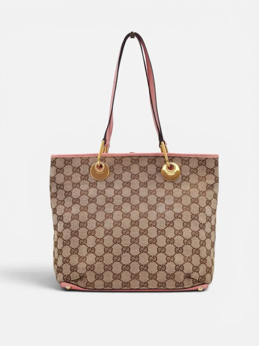 Gucci GG Canvas Pink Leather Tote Bag Gold Hardware Shoulder Bag Made in Italy